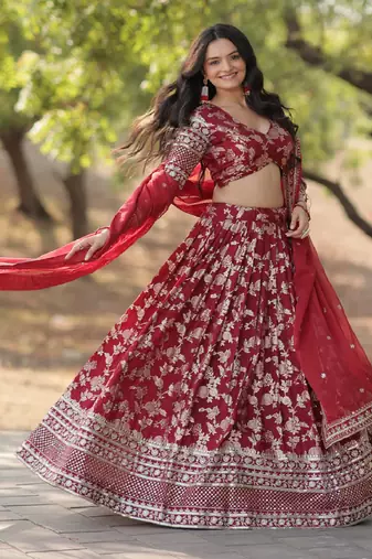 Maroon sequins with zari emrbroidery work Dola Silk Jacquard wedding indian designer lehenga choli