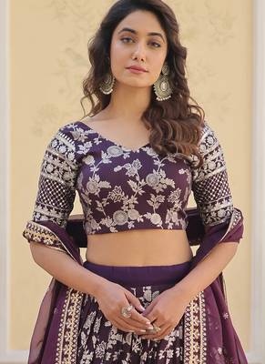 Gorgeous Wine embroidery with sequin and zari Dola Silk Jacquard indian designer wedding and party lehenga 2