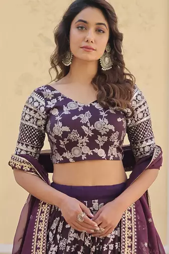Gorgeous Wine embroidery with sequin and zari Dola Silk Jacquard indian designer wedding and party lehenga