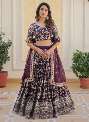 Gorgeous Wine embroidery with sequin and zari Dola Silk Jacquard indian designer wedding and party lehenga 3
