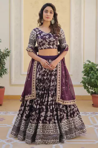 Gorgeous Wine embroidery with sequin and zari Dola Silk Jacquard indian designer wedding and party lehenga