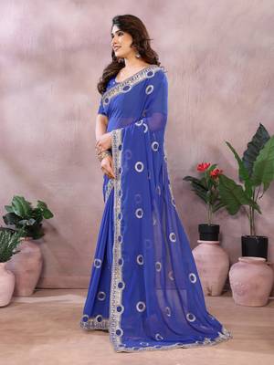 Blue embroidered georgette saree   3