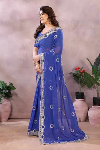 Blue embroidered georgette saree  