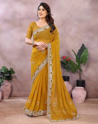 Dark yellow embroidered georgette saree   1