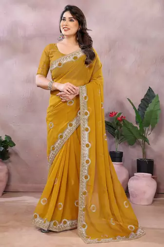 Dark yellow embroidered georgette saree 