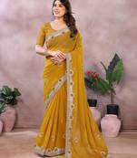 Dark yellow embroidered georgette saree  