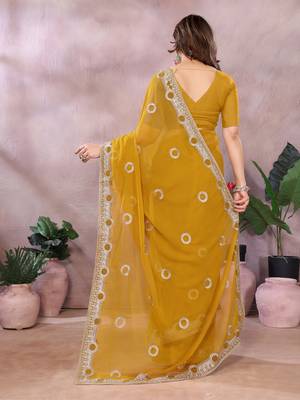 Dark yellow embroidered georgette saree   2