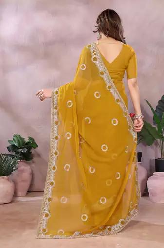 Dark yellow embroidered georgette saree  