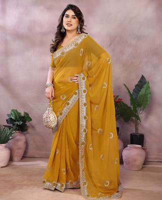 Dark yellow embroidered georgette saree   3