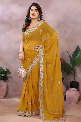 Dark yellow embroidered georgette saree  
