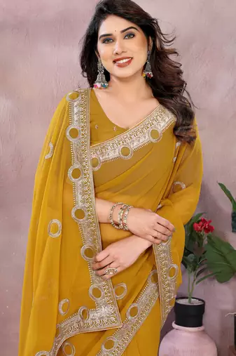 Dark yellow embroidered georgette saree  