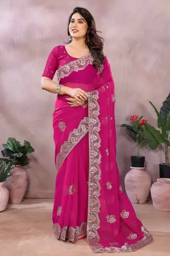 Pink embroidered georgette saree 