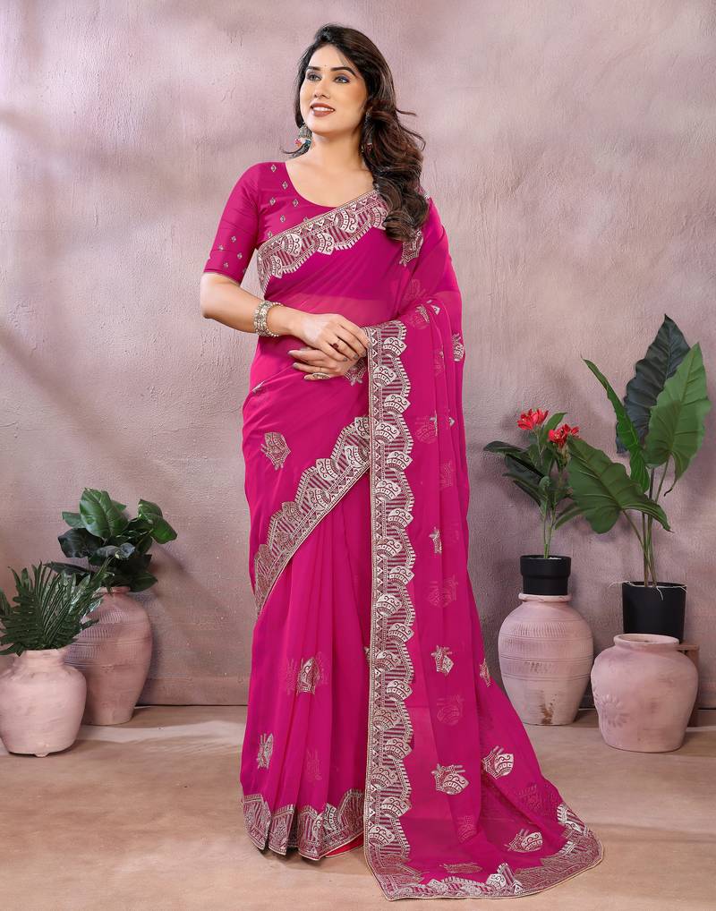 Pink embroidered georgette saree 