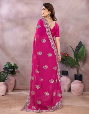 Pink embroidered georgette saree   2