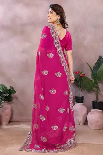 Pink embroidered georgette saree  