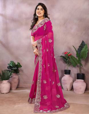 Pink embroidered georgette saree   3