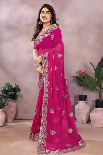 Pink embroidered georgette saree  