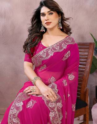 Pink embroidered georgette saree   4