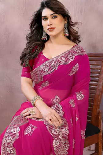 Pink embroidered georgette saree  