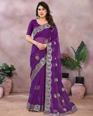 Purple embroidered georgette saree   1