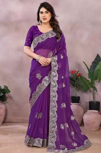 Purple embroidered georgette saree 