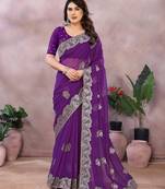 Purple embroidered georgette saree  