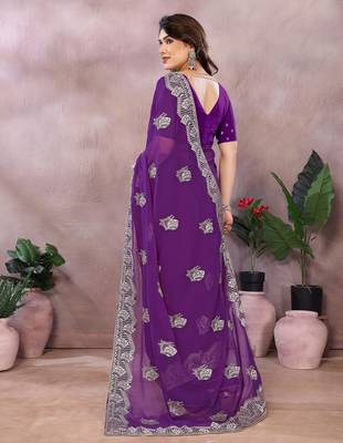 Purple embroidered georgette saree   2