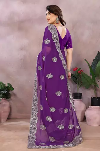 Purple embroidered georgette saree  