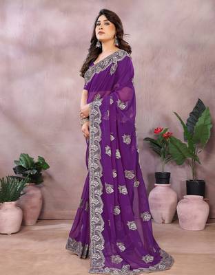 Purple embroidered georgette saree   3