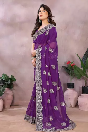Purple embroidered georgette saree  
