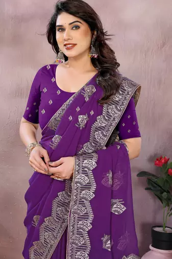 Purple embroidered georgette saree  