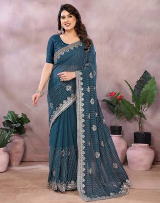 Teal embroidered georgette saree   1