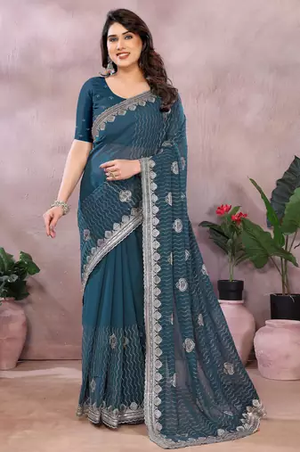 Teal embroidered georgette saree 