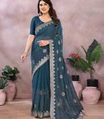 Teal embroidered georgette saree  