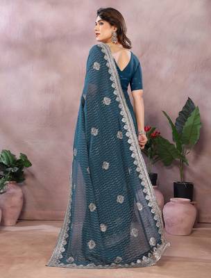 Teal embroidered georgette saree   2