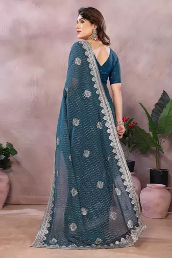 Teal embroidered georgette saree  