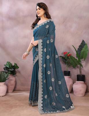 Teal embroidered georgette saree   3