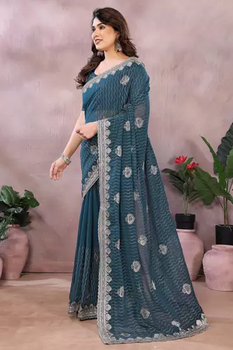 Teal embroidered georgette saree  