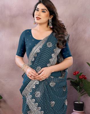 Teal embroidered georgette saree   4