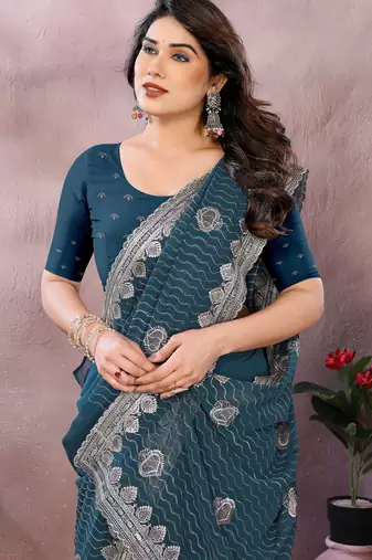Teal embroidered georgette saree  