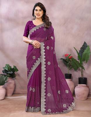Wine embroidered georgette saree   1