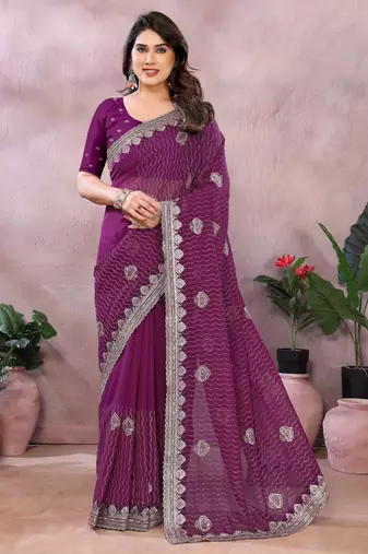 Wine embroidered georgette saree 
