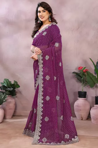 Wine embroidered georgette saree  