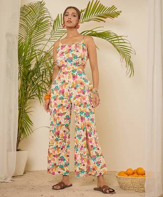 Floral print waist cut-out jumpsuit 1