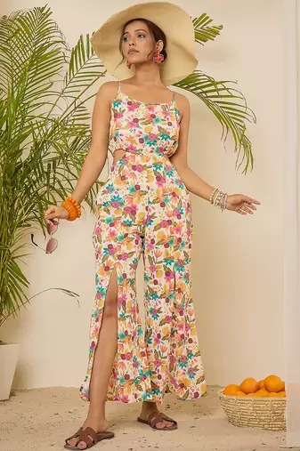 Floral print waist cut-out jumpsuit