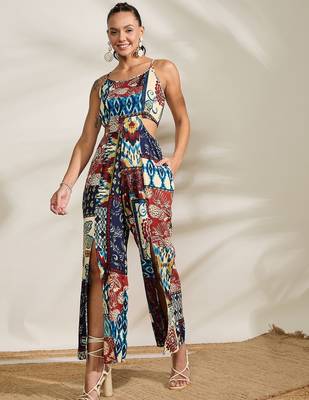 Multi-color printed waist cut-out jumpsuit 1