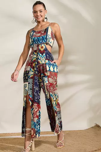 Multi-color printed waist cut-out jumpsuit