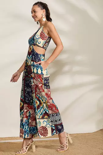 Multi-color printed waist cut-out jumpsuit