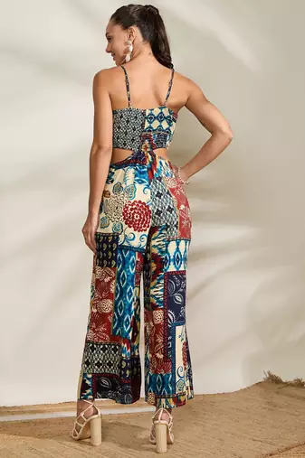 Multi-color printed waist cut-out jumpsuit