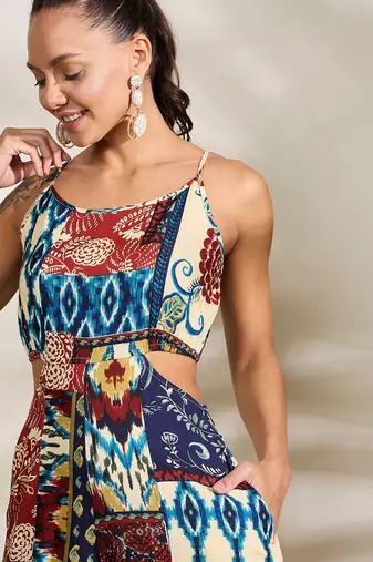 Multi-color printed waist cut-out jumpsuit